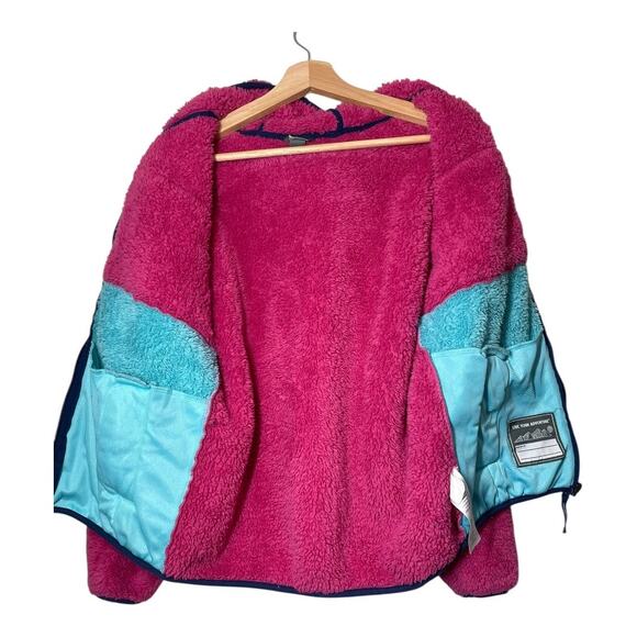 Eddie Bauer Girls Jacket Fuzzy Fleece ColorBlock Sz 14/16 Large Pink Blue Hood - Picture 4 of 7